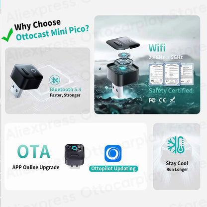 Ottocast Mini Pico Wireless CarPlay Android Auto Adapter Cube Dongle Bluetooth Car Accessories for VW MG Kia Toyota Hyundai Audi