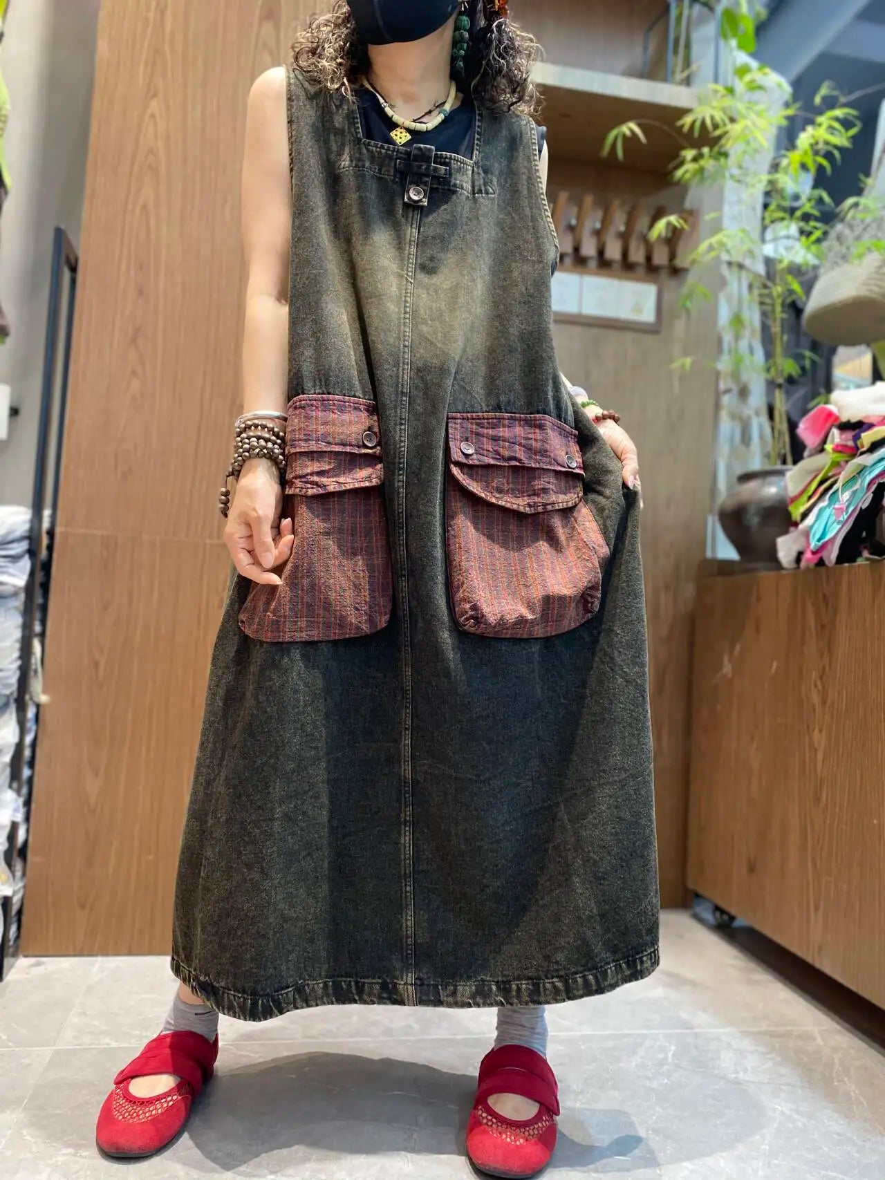 Color-blocked Large Pocket Denim Dress Women Sleeveless Suspender Tank Dress XY326