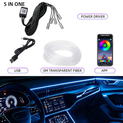 Car 4/5/6in1 Interior Decoration Ambient RGB Fiber-Optic Light Strip USB Dashboard Neon Light Strip App Control Accessories