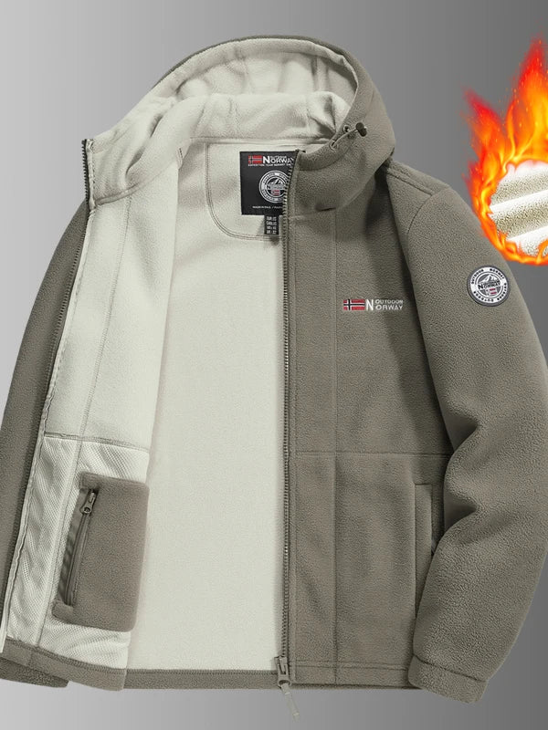 Men's Thickened Fleece Jacket Autumn Winter Double-sided Lamb Fur Hooded Coat Outdoor Windproof Zipper Short Style Polyester
