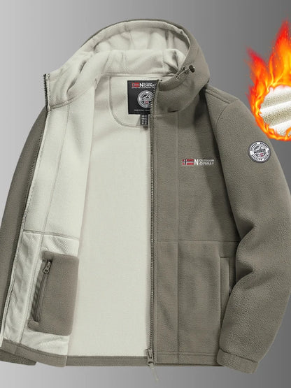 Men's Thickened Fleece Jacket Autumn Winter Double-sided Lamb Fur Hooded Coat Outdoor Windproof Zipper Short Style Polyester