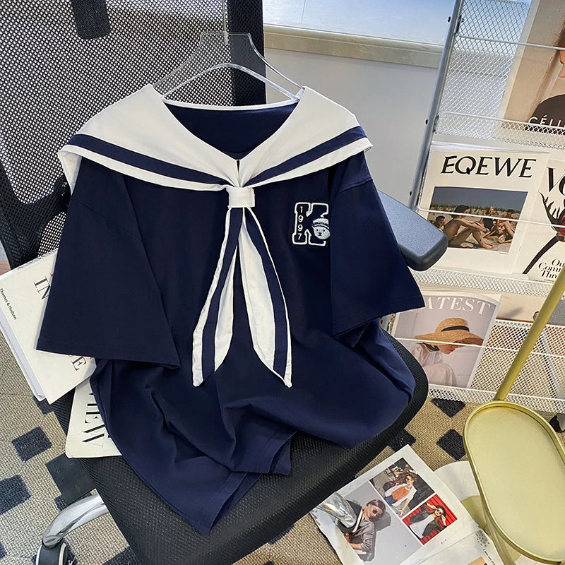 Extra Large Size 300 Pounds Navy Collar Short Sleeve Women's T-Shirt Premium Feel Loose Fit Cotton Summer Top