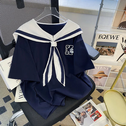 Extra Large Size 300 Pounds Navy Collar Short Sleeve Women's T-Shirt Premium Feel Loose Fit Cotton Summer Top