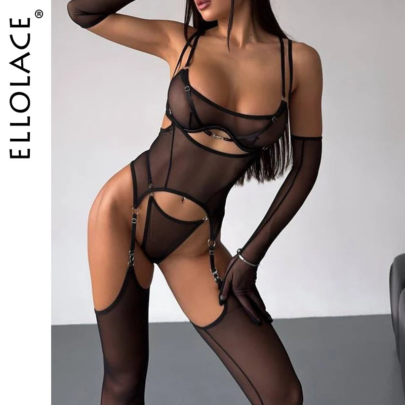 Ellolace Solid Women's Lingerie Sets Seductive See Through Bra Belt Thong 3PC with glovs stockings Sissy Sexy Women's Underwear