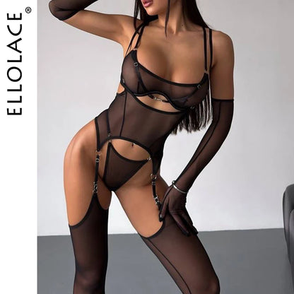 Ellolace Solid Women's Lingerie Sets Seductive See Through Bra Belt Thong 3PC with glovs stockings Sissy Sexy Women's Underwear