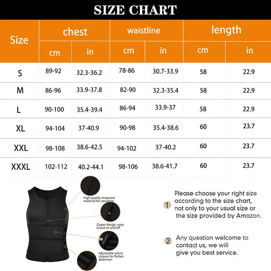 Men Sauna Zipper Waist Trainer Vest Slimming Shirt Tank Top Trimmer Body Shaper Compression Undershirt Fat Burner Workout Tops