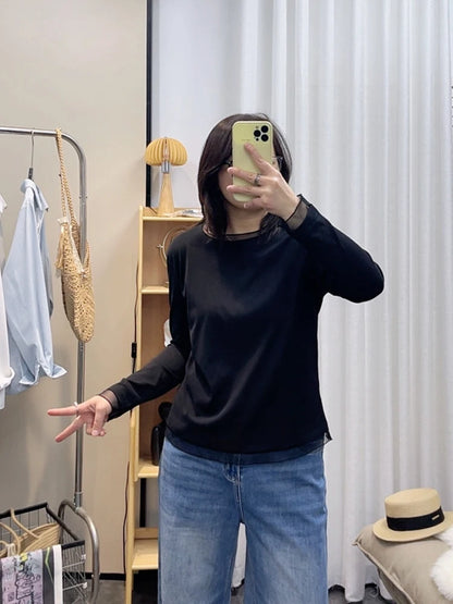Spring New plus Size round Neck Mesh Splice Loose Long Sleeve Base Shirt Women Fat MM Slimming Belly Cover Simple T-shirt