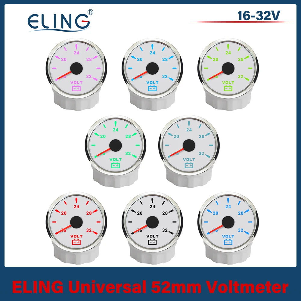 ELING 52mm (2'') Voltmeter Volt Gauge 8-16V 16-32V with 7 Colors Backlight for Boat Automobile Motorcycle Yacht 12V 24V