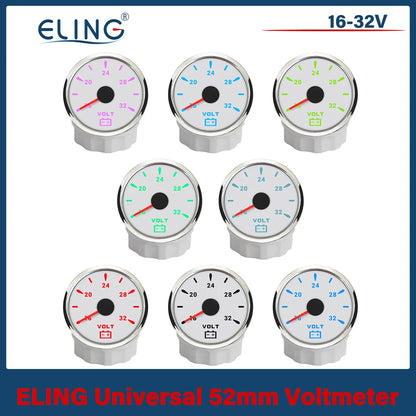 ELING 52mm (2'') Voltmeter Volt Gauge 8-16V 16-32V with 7 Colors Backlight for Boat Automobile Motorcycle Yacht 12V 24V