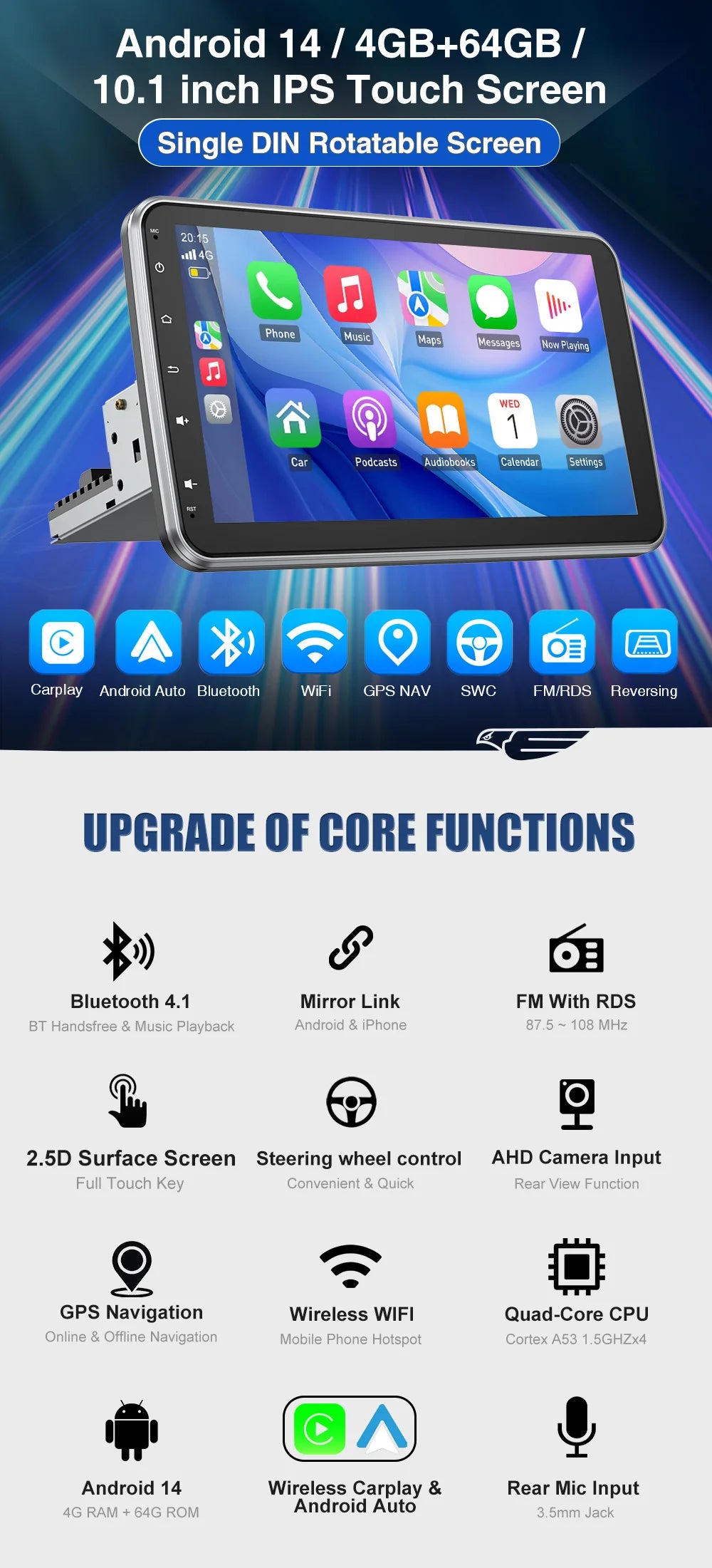 10.1'' 4+64GB 360° Rotatable Single 1DIN Car Stereo Android 14 Carplay WIFI Head Unit FM Radio Bluetooth SWC GPS Navi+DVR&Camera