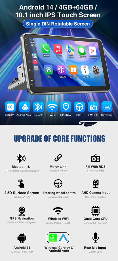 10.1'' 4+64GB 360° Rotatable Single 1DIN Car Stereo Android 14 Carplay WIFI Head Unit FM Radio Bluetooth SWC GPS Navi+DVR&Camera