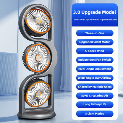 TINSOL 2026 New Portable USB Rechargeable Three-Head Fan – 360° Circulation, 5-Speed Wind, Dormitory and Outdoor Desktop Fan