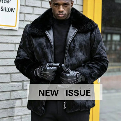 Man Hooded Black Rabbit Real Fur Overcoat Real Leather Collar Slim Zipper Coat Multi Size Warm Winter Luxury Daily Outerwear