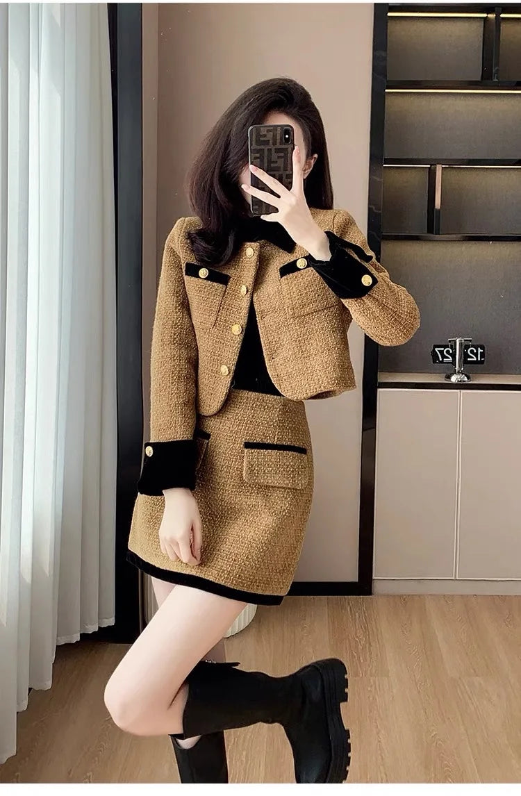 High-End  Style Women's Outerwear Set Autumn Winter New Design High Waist  Skirt Two-Piece Suit Fashionable And Warm