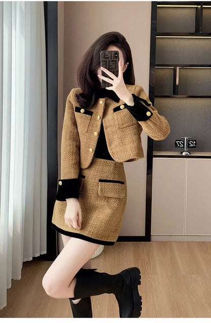 High-End  Style Women's Outerwear Set Autumn Winter New Design High Waist  Skirt Two-Piece Suit Fashionable And Warm