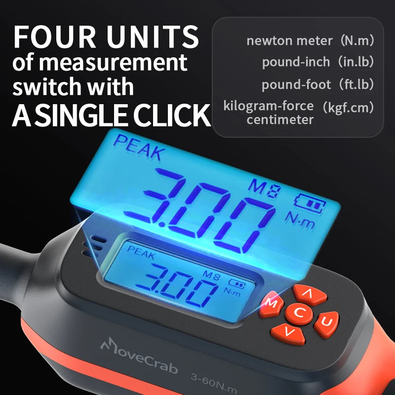 MOVECRAB Digital Torque Wrench 0.6-340N.m 2% Accuracy Preset & LED/Buzzer Alerts for Bike Motorcycles Automotive Mechanical Tool
