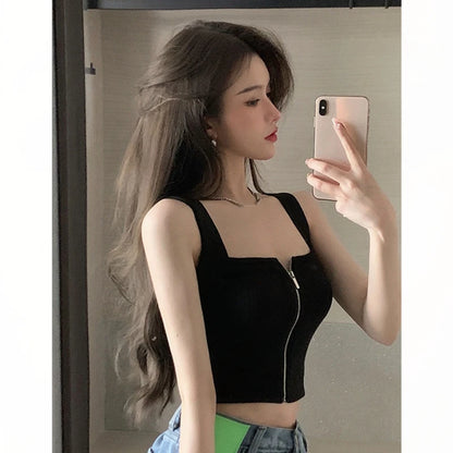 Sexy ort Zipper Tank Top Women's Inner Wear Pure Color Csole Summer Trendy Commute Sle Slim Fit Single Piece