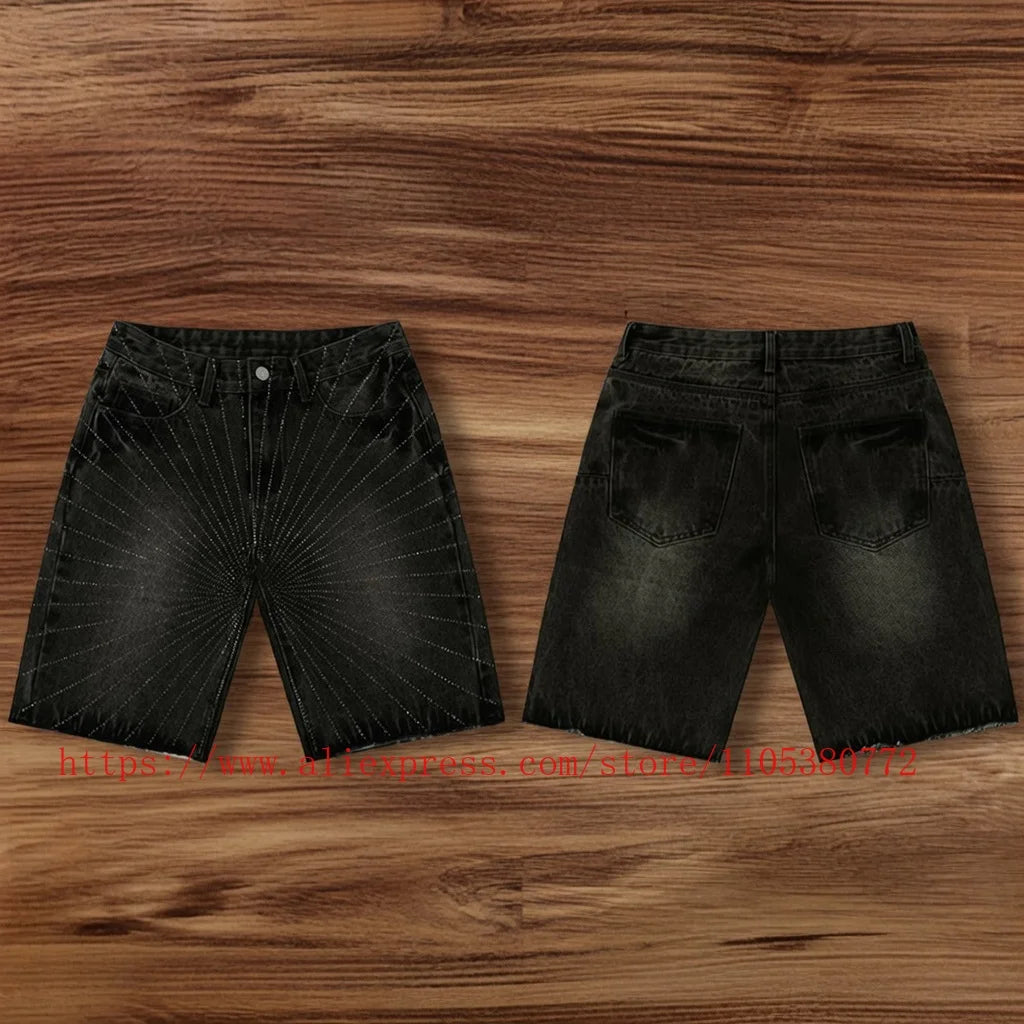 American Fashion Rhinestone-decorated Denim Shorts for Men Y2K Washed Blue Loose Denim Shorts Street Style Summer Casual Shorts