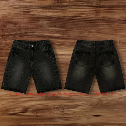 American Fashion Rhinestone-decorated Denim Shorts for Men Y2K Washed Blue Loose Denim Shorts Street Style Summer Casual Shorts