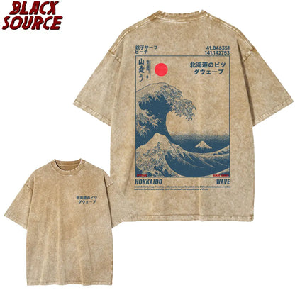 T416 Japanese Style Hokkaido Wave Vintage T-shirt Men Women Harajuku Fashion High Quality T Shirts Oversized Cotton Summer Tee