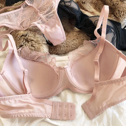 2 Pcs Sexy Lace Flowers Embroidery Underwear Set for Women Thin Cup Push Up Bra French Hollow Waist Bandage Thongs Lingerie Set