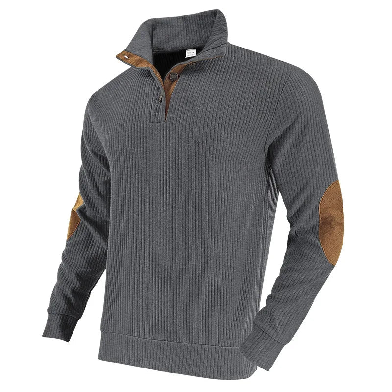 Men's Ribbed Henley Sweater Half Zip Pullover with Elbow Patches Stand Collar Long Sleeve Casual Retro Autumn Top