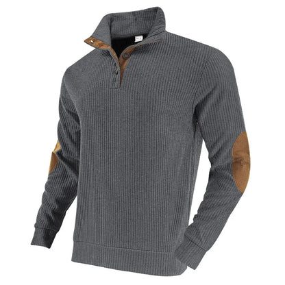 Men's Ribbed Henley Sweater Half Zip Pullover with Elbow Patches Stand Collar Long Sleeve Casual Retro Autumn Top