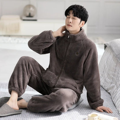 Men's Coral Fleece Pajamas Thickened Flannel Home Clothes Set Autumn Winter Style Long Sleeve Warmth Guarantee Home Scence