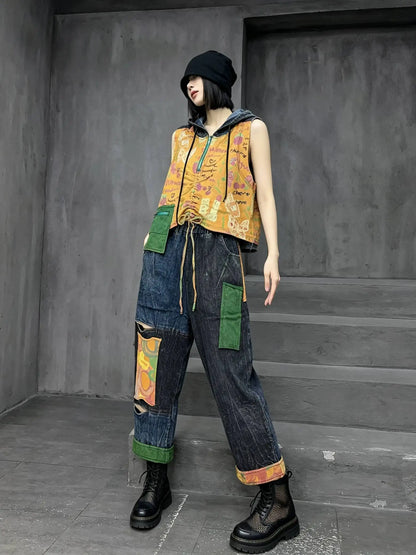 Distressed Color-blocked Denim Patchwork Hooded Vest + Jeans Two-piece Set Women 2026 Summer Stylish Fashion Suit XY324