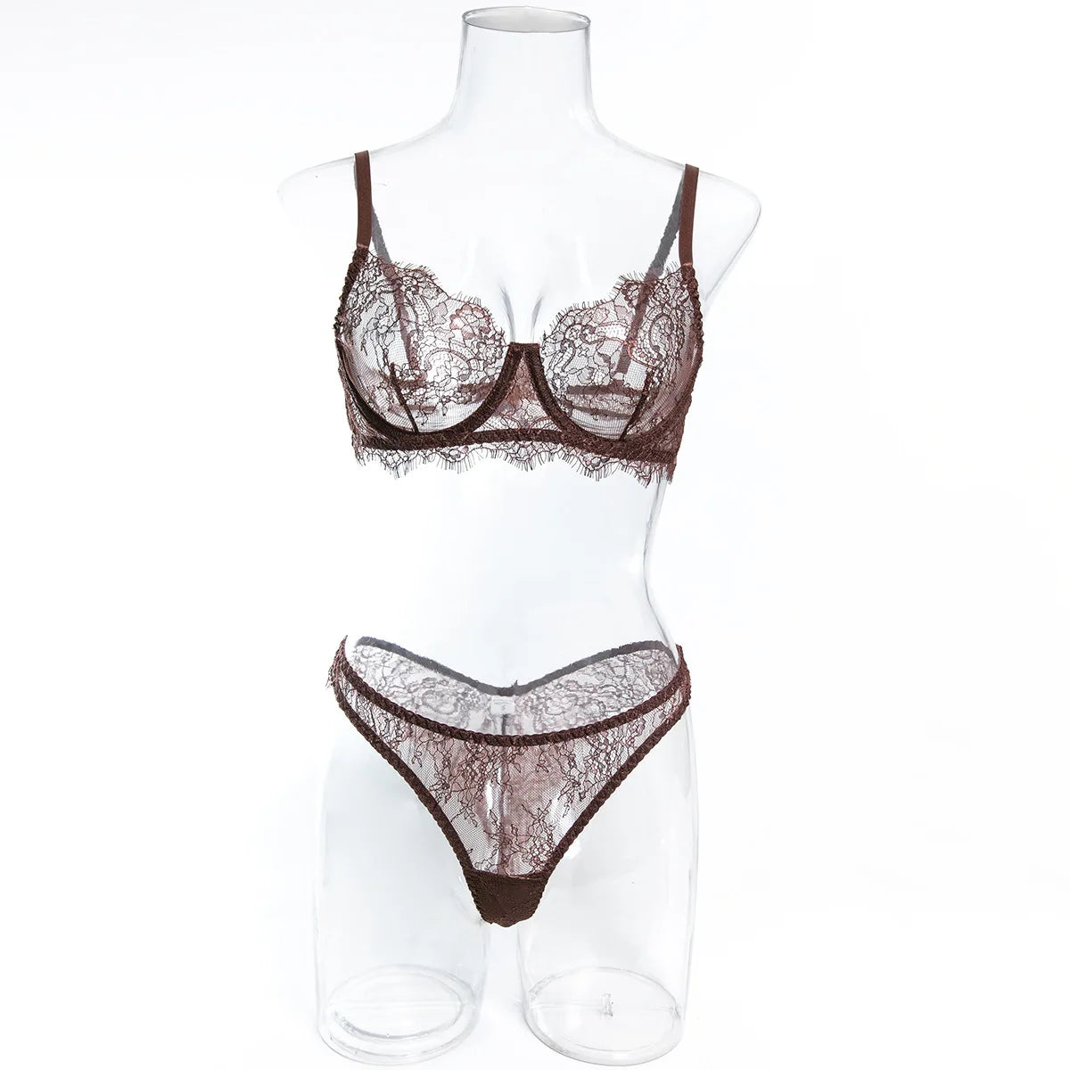 Ellolace Solid Women's Lingerie Sets Elegant Eyelash Lace Bra Panty 2PC Seductive See Through Intimate Willowy Sexy Underwear