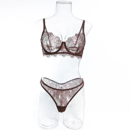 Ellolace Solid Women's Lingerie Sets Elegant Eyelash Lace Bra Panty 2PC Seductive See Through Intimate Willowy Sexy Underwear