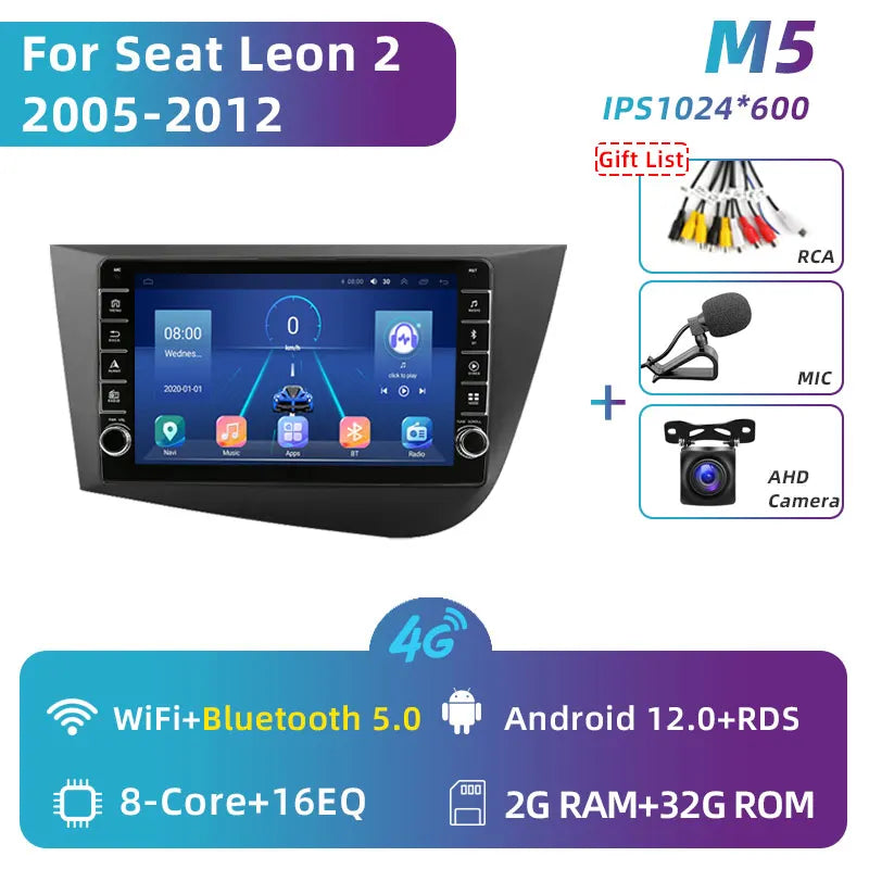 Jundof 2 Din Android 12 For Seat Leon 2 MK2 2005-2012 Car Radio Multimedia Video Player Carplay Stereo Autoradio DVD IPS Screen