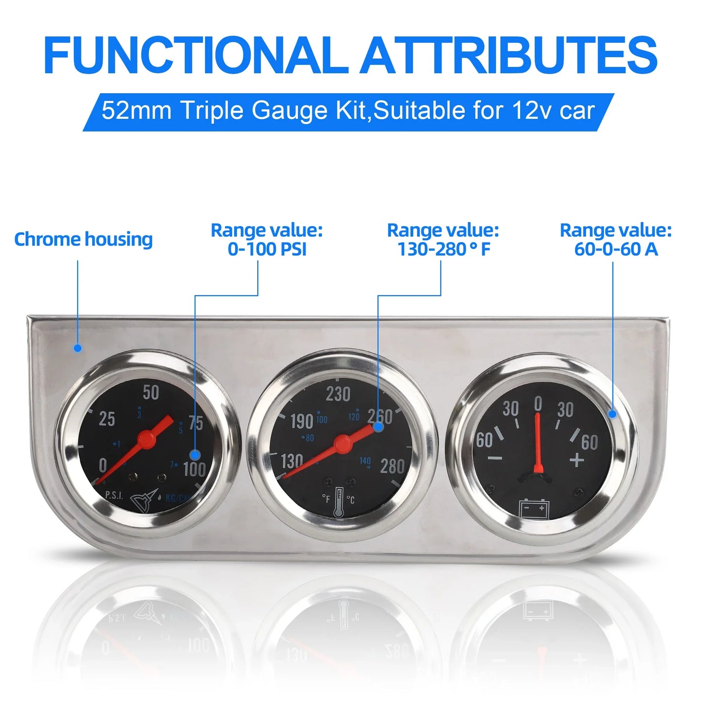 2" 52mm Chrome Panel Oil Pressure Water Temp Amps Triple Gauge Set Black white Face Volt meter