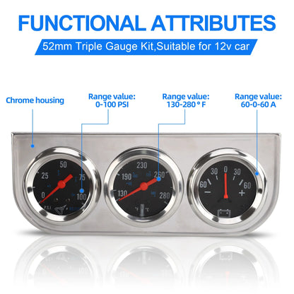 2" 52mm Chrome Panel Oil Pressure Water Temp Amps Triple Gauge Set Black white Face Volt meter
