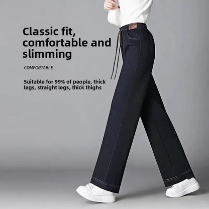 Women's Fleece Lined Wide Leg Pants High Waist Elastic Casual Mom Straight Leg Jeans Style Autumn Winter Fashion Loose Fit