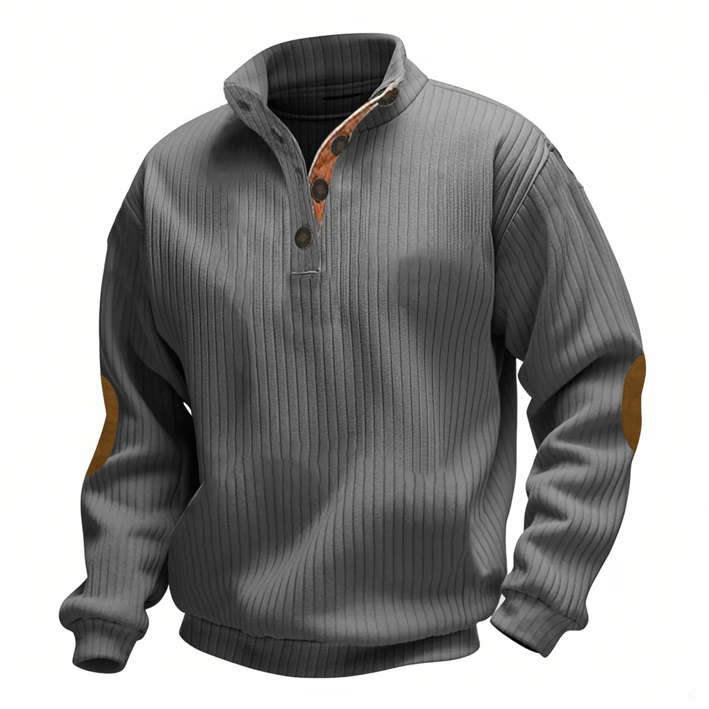 Men's Ribbed Henley Sweater Half Zip Pullover with Elbow Patches Stand Collar Long Sleeve Casual Retro Autumn Top