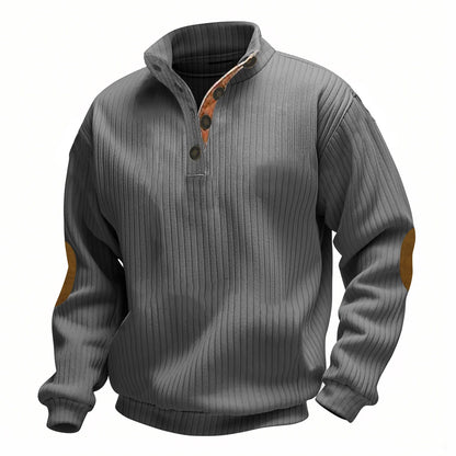 Men's Ribbed Henley Sweater Half Zip Pullover with Elbow Patches Stand Collar Long Sleeve Casual Retro Autumn Top