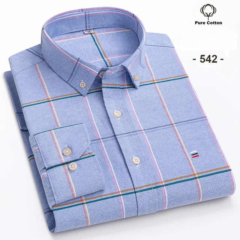 New In Shirt Plus Size 7XL 100% Cotton Oxford Long-Sleeve Shirts for Man Slim Fit Formal Plain Shirt Plaid Office Elegant Clothe