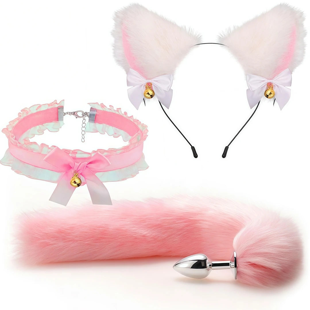 5 In 1 Fox Tail Butt Plug Set Cat Ears Headband Choker Ball Gag Nipple Clamps BDSM Cosplay Pet Play Accessories for Couples