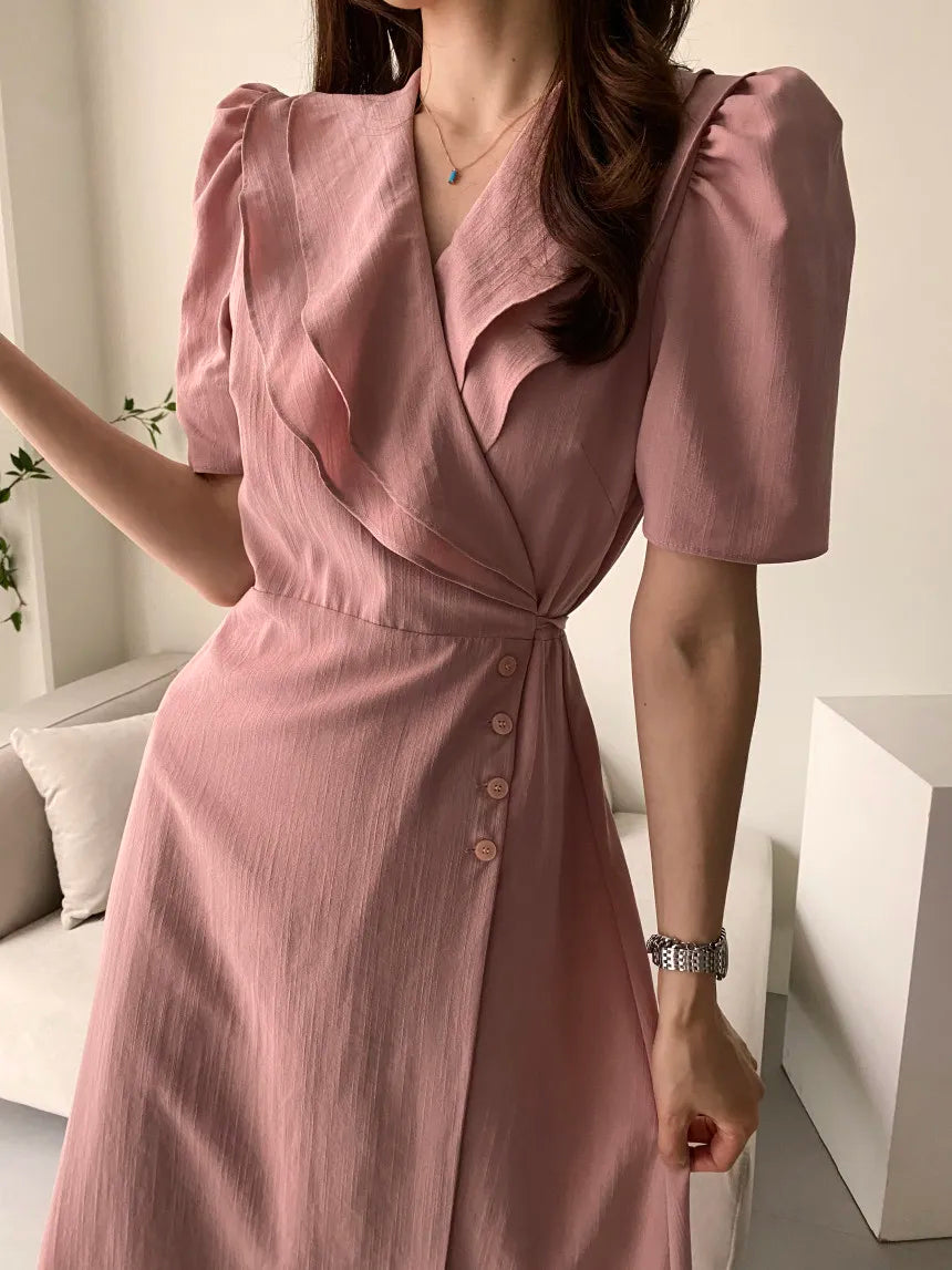 Retro Double Layered Collar Bubble Sleeve  Dress Elegant Short Sleeve V Neck Summer Casual Women's Dress