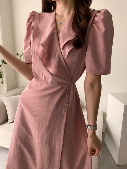 Retro Double Layered Collar Bubble Sleeve  Dress Elegant Short Sleeve V Neck Summer Casual Women's Dress