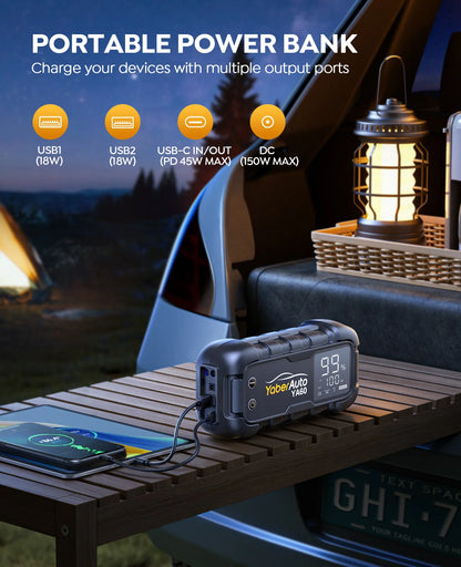 6000A Jump Starter 150W DC Car Battery PD45W Charger 3.3 LED Screen 600 Lumens Flashlight Battery Charger Super Starting Device