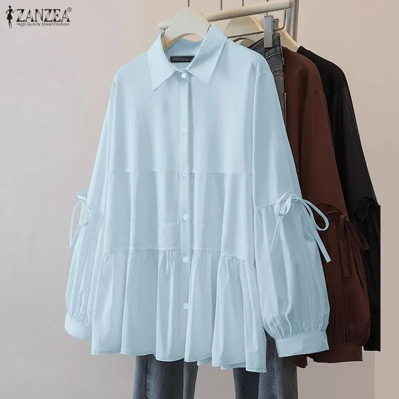 2025 Autumn Blouse ZANZEA Office Women Shirt Spring Elegant Lapel Neck Long Sleeve Tops Solid Button Up Blusas Lace-Up Chemise