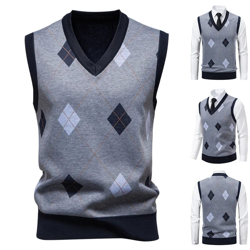 Men's Knitted Warm Sweater in Autumn and Winter V-neck Vest Diamond Grid Twisted Flower Casual Fashion Versatile Top