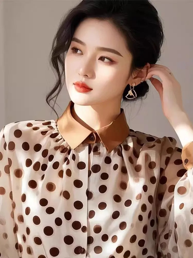 2025 Summer New Loose Polka Dot Women's Shirt Design Sunscreen Chiffon Blouse Elegant Commute Style Long Sleeve  Collar