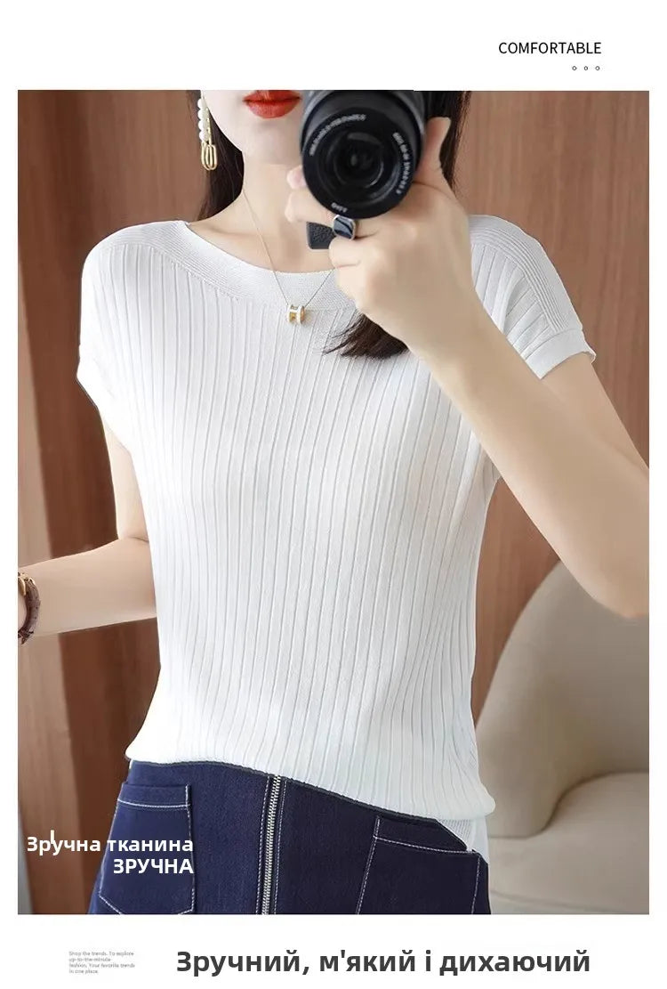 Ice Silk Knitted Top Women Loose Spring Summer New Style Thin Short Sleeve One Shoulder T-Shirt Breathable Comfortable Casual...