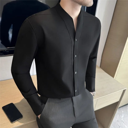 Men V-neck Shirt British Style Anti-wrinkle Soft Solid Casual Elastic Slim Fit Top Long Sleeved Dress Shirt Fashion Men Clothing