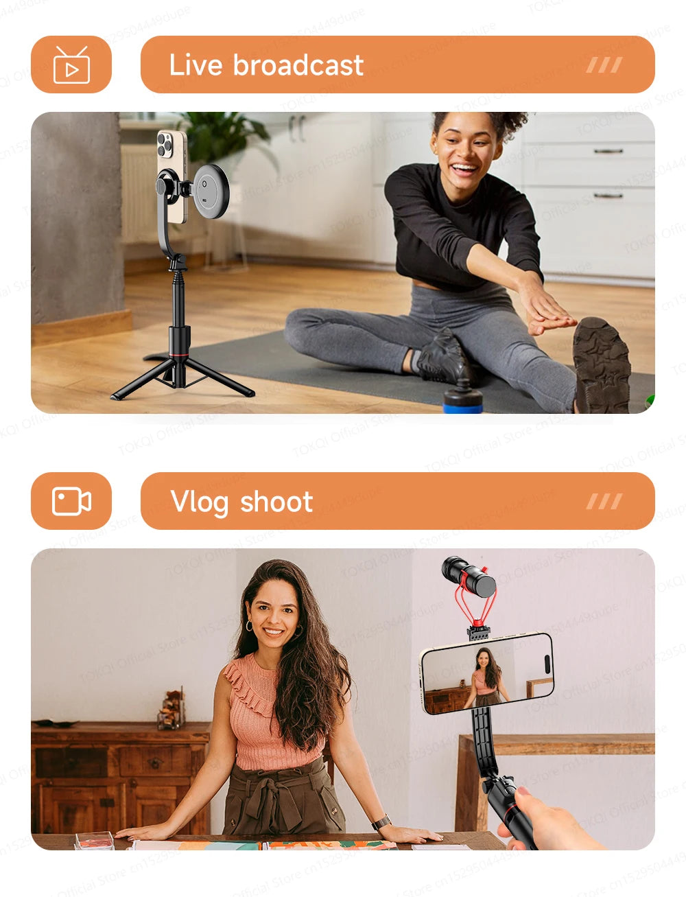 TOKQI Tripod Magnetic Phone Holder Extendable Selfie Stick for Smartphone Shooting Vlog with Wireless Bluetooth Remote Control