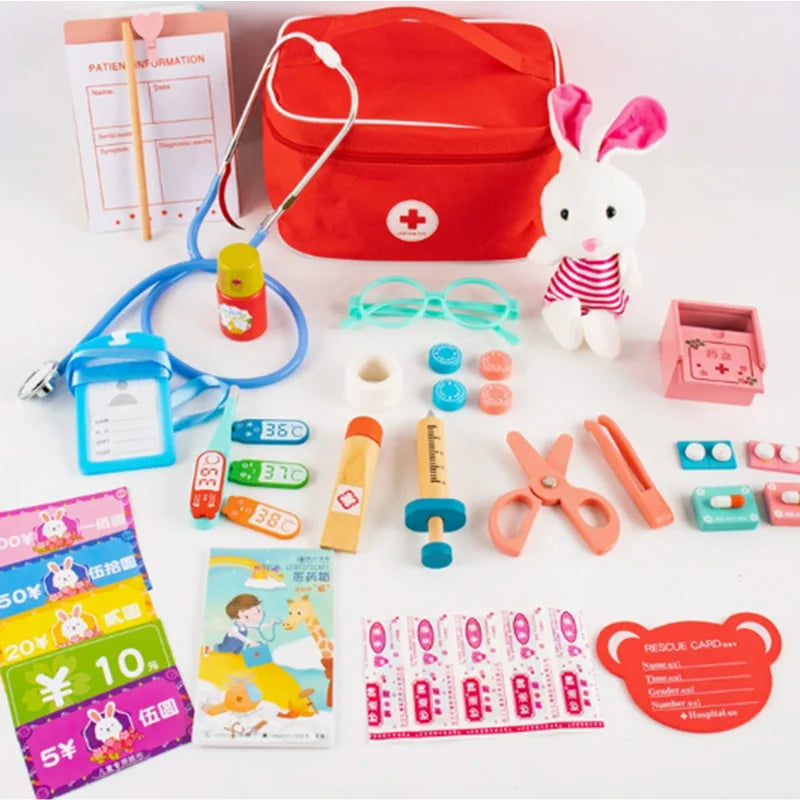 Wooden Pretend Play Doctor Educational Toys For Children Medical Simulation Medicine Chest Set Kids Role Playing Pretend Toys