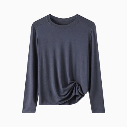 Niche Luxury Women's Solid Color Crew Neck Long Sleeve Knit Top, Soft Breathable Fabric, Casual Daily Inner Wear for Summer